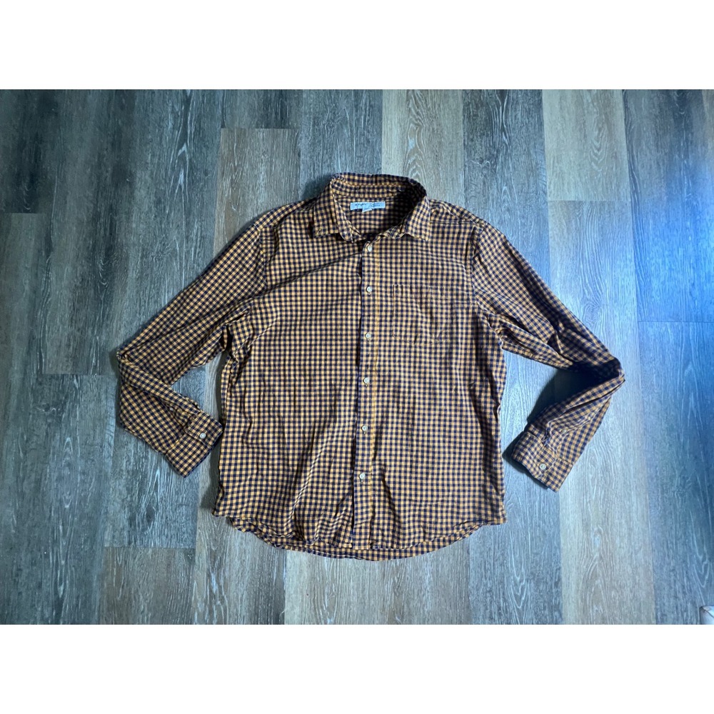 Old Navy Button Down Shirt Mens XL Yellow Navy Gingham Slim Fit Built-In Flex